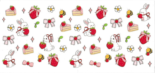 BUNNYS, CAKE, STRAWBERRIES, RIBBON BOW • UV DTF WRAP