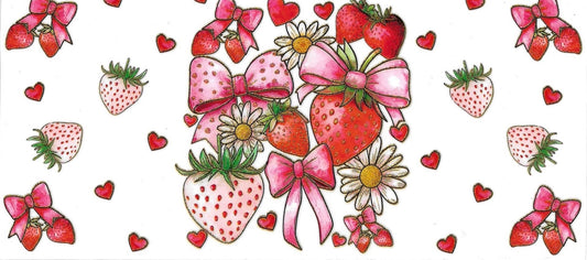 Strawberries with pink bow & white flowers  • DOUBLE SIDED • UV DTF Wrap