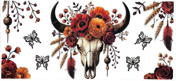 Bull Skull & Orange Flowers • DOUBLE SIDE UV DTF Wrap