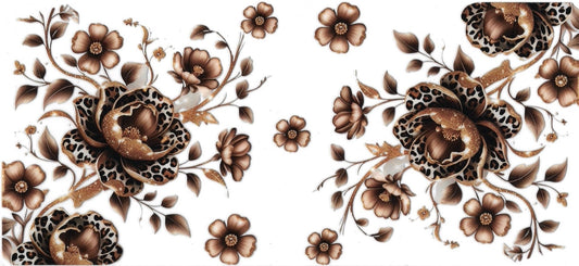 FLOWERS BROWN WITH CHEETAH PRINT • DOUBLE SIDE UV DTF Wrap
