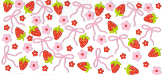 MINI STRAWBERRIES, pink bow & flowers • UV DTF Wrap