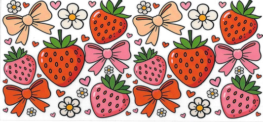 Strawberries, pink Bow & flowers • DOUBLE SIDE • UV DTF Wrap
