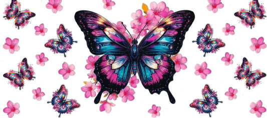 Colorful Butterflies with pink flowers • DOUBLE SIDED • UV DTF Wrap