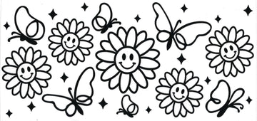 Butterflies with happy face flowers clear black (DOUBLE SIDE) • UV DTF Wrap