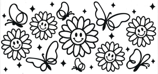 Butterflies with happy face flowers clear black (DOUBLE SIDE) • UV DTF Wrap
