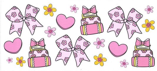 PINK BOOKS, HEARTS, BOW, DAISIES • UV DTF WRAP