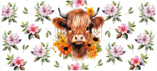 Cow with pink flowers, sunflowers • (DOUBLE SIDE) • UV DTF Wrap