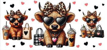 COW with cheetah bow, purse, heart & drink • UV DTF Wrap