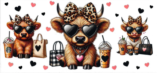 COW with cheetah bow, purse, heart & drink • UV DTF Wrap