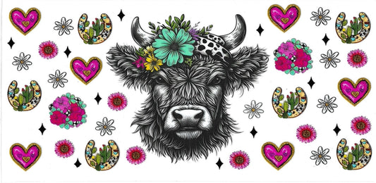 BLACK COW & pink flowers • UV DTF Wrap