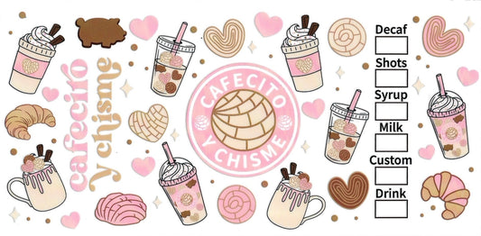CAFECITO Y CHISME pink & conchas • UV DTF Wrap