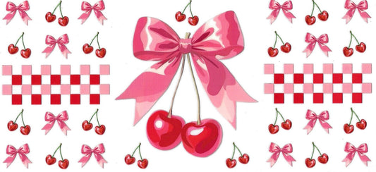 Cherries with checkers and pink bow • DOUBLE SIDED • UV DTF Wrap