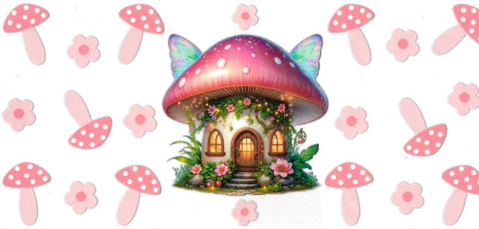 Mushrooms House Pink with Flowers • DOUBLE SIDE UV DTF Wrap