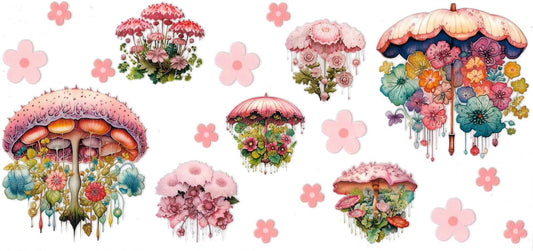 Mushrooms pink with flowers • DOUBLE SIDE UV DTF Wrap