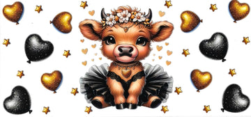 Baby Cow with black & gold hearts • DOUBLE SIDE UV DTF Wrap