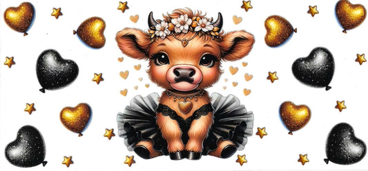 Baby Cow with black & gold hearts • DOUBLE SIDE UV DTF Wrap