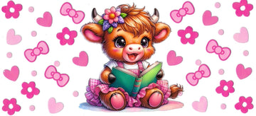 BABY cow pink with bow, flowers and book  (DOUBLE SIDE) • UV DTF Wrap