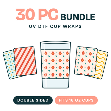 LIVE CLAIM ONLY: Basket of 30 Double-Sided UV DTF Cup Wraps (16 oz) – You Pick the Designs